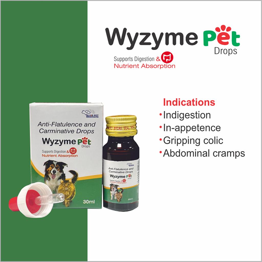 Wyzyme Pet Anti-Flatulence and Carminative Drops - 30ml Bottle for Digestion Support, Nutrient Absorption, Indigestion, and Abdominal Comfort for Pets