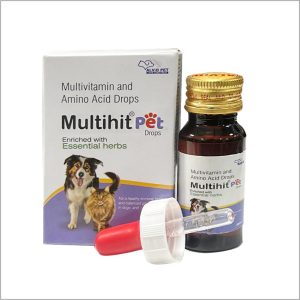 "Image of Multihit Pet Drops, a 30ml bottle enriched with essential herbs. A multivitamin and amino acid supplement for dogs and cats, designed to support a healthy immune system and balanced nutrition