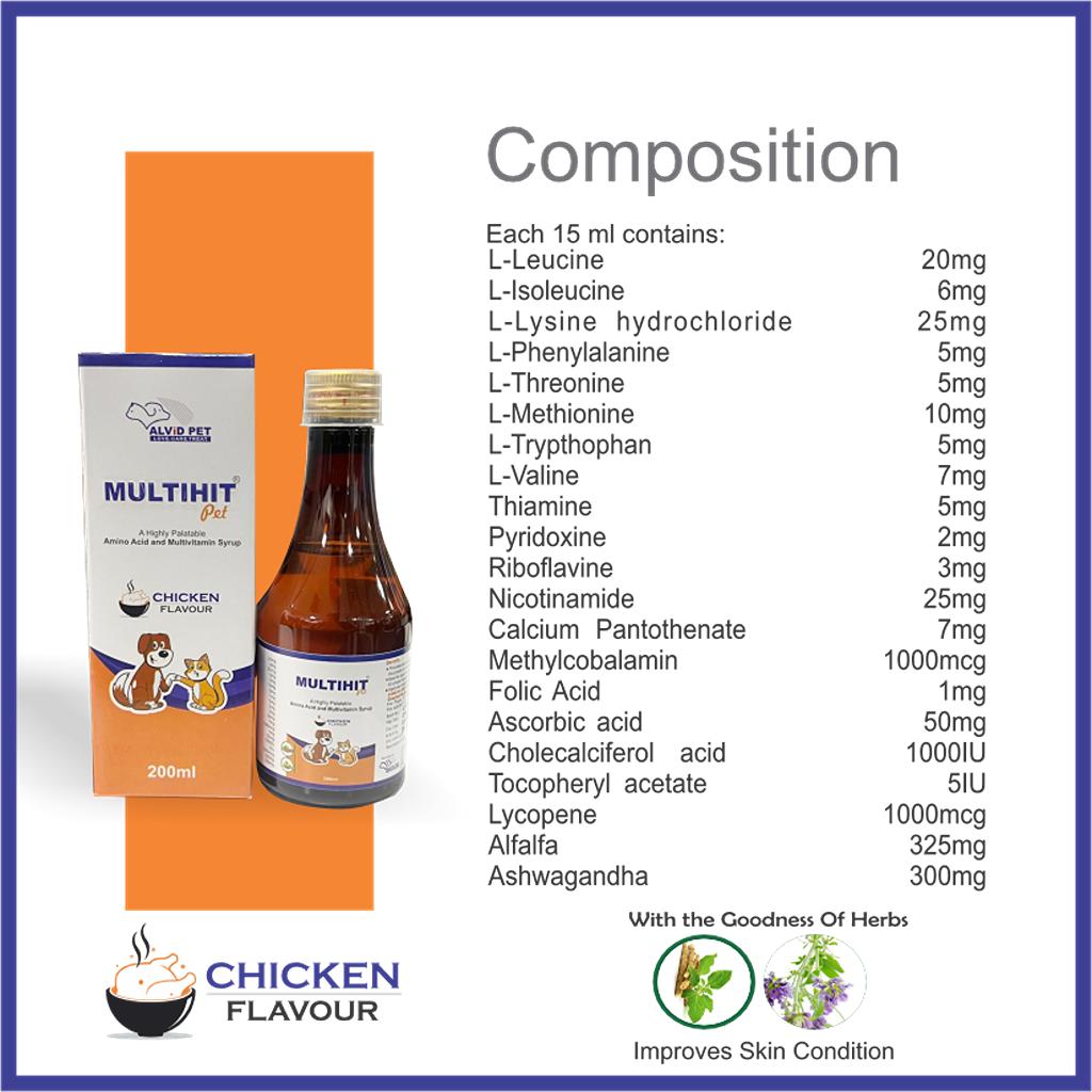Multihit Pet Syrup - 200 ml bottle with chicken flavor, containing amino acids, multivitamins, and herbal goodness to improve skin condition and promote growth