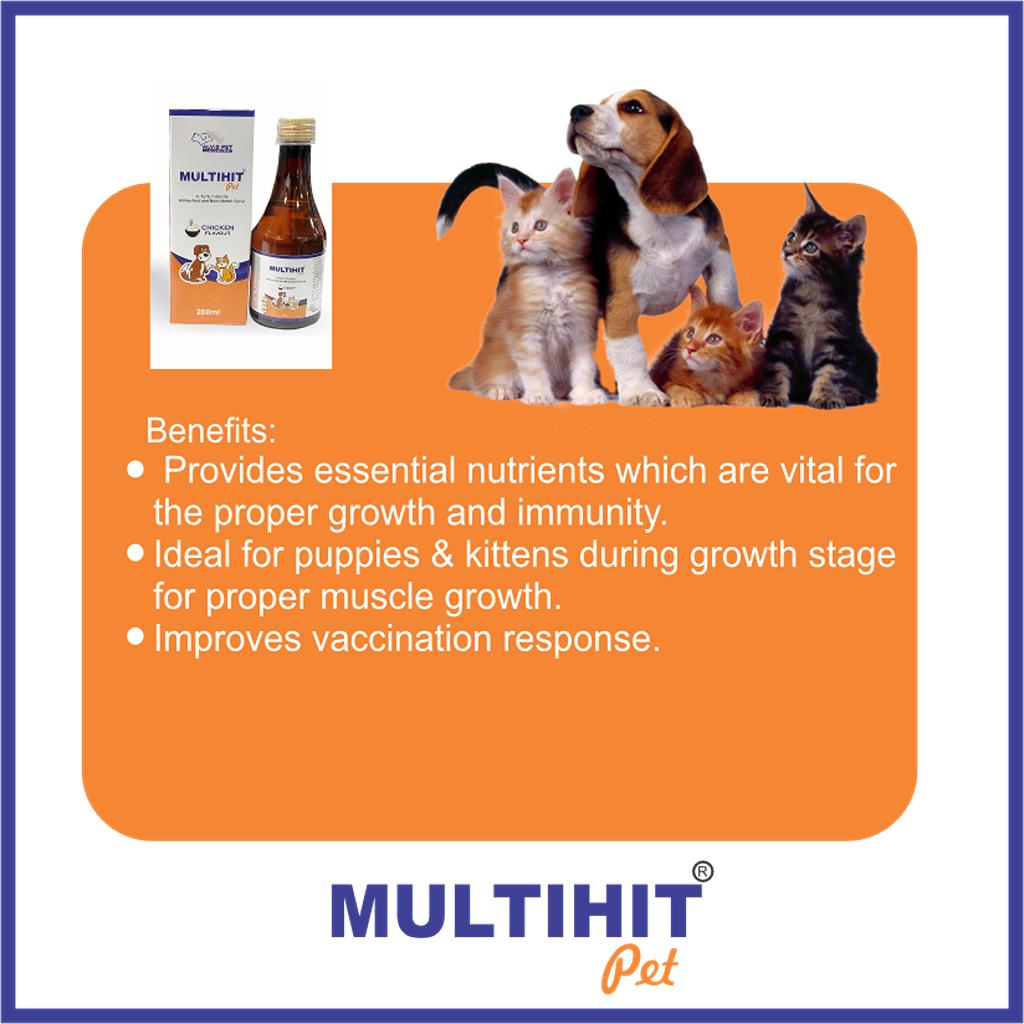 Multihit Pet Syrup - Chicken flavor, 200 ml bottle providing essential nutrients for proper growth and immunity, ideal for puppies and kittens