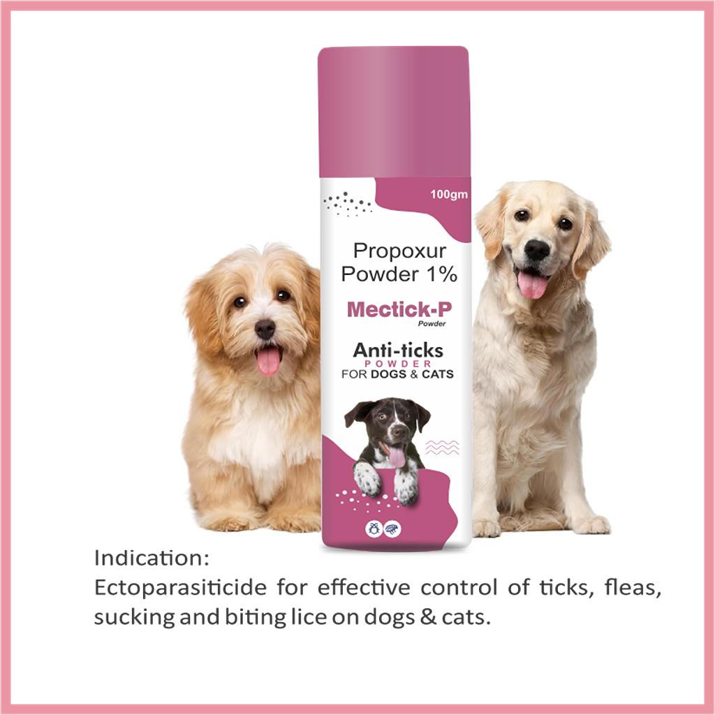 100g bottle of Propoxur Powder 1%, an anti-tick treatment for dogs and cats. Used for controlling ectoparasites such as ticks, fleas, and biting lice, ensuring effective pest control and pet care